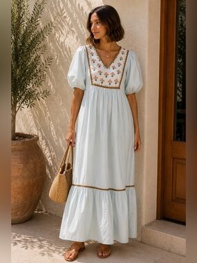 Ex Voto Hayes Embroidered Prairie Maxi Dress Blue Cottagecore Small